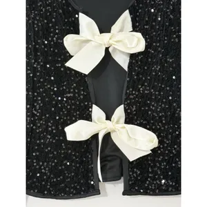 Sequin Bow Jacket Womens Medium Black Cropped Tie Front Evening Party thumbnail 4