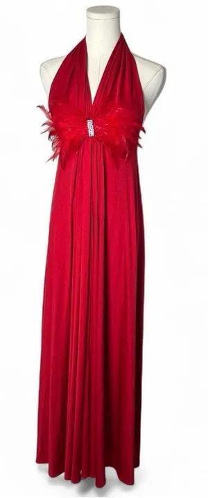 70s Vintage Sak’s Fifth Avenue Young Dimensions Red Feather Halter Maxi Dress thumbnail 1