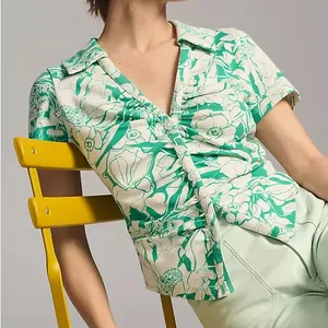Maeve Anthropologie Green‎ Floral Ruched Button Front Top Size Small Collared thumbnail 1