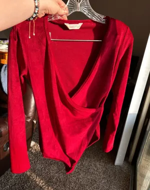 Modcloth Red Wrap-Front Long-Sleeve Bodysuit Top Velvet Velour thumbnail 1