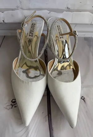 Badgley Mischka Ivory Pointed Toe Slingback Heels with Rhinestone Ankle Straps thumbnail 1