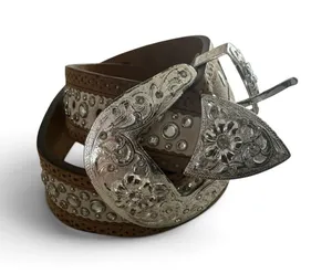 90s Vtg ARIAT belt brown embroidered leather silver floral buckle & rhinestones thumbnail 1