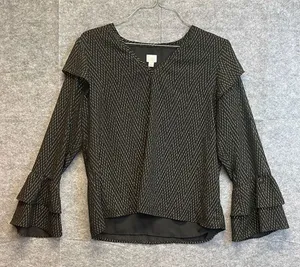 A NEW DAY Blouse Women's Large Black Gold Geometric V Neck Long Ruffle‎ Sleeves thumbnail 1