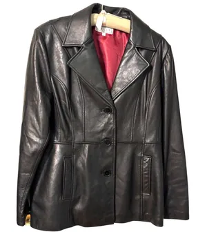 Pelle Studio Black Leather Blazer Jacket Women's Size XL Red Satin Lining thumbnail 1
