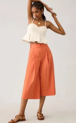 Anthropologie High Rise Wide Leg Culotte Pants Orange Pleated‎ Cropped Trousers thumbnail 1