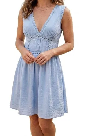 NWT ASOS Light Blue Mini Dress Vneck Sleeveless Crochet 6 S thumbnail 1