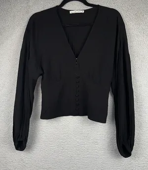 Abercrombie & Fitch Top Womens Small Black Babydoll Button Front Smocked Back thumbnail 1