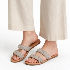 A New Day Slide Sandals Womens 8 Braided Rhinestone Silver Tan Flat Excellent thumbnail 1