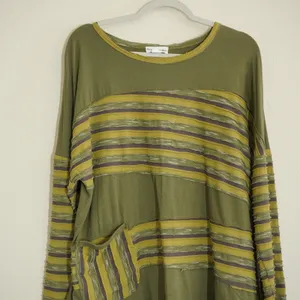 Neon Buddha 1X Tunic Top Green Striped Raw Edge Cotton Pocket Lagenlook Indie thumbnail 2