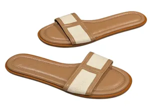 J Crew Slide Sandals Womens 7 Tan Ivory Canvas and Leather Classic Minimalist thumbnail 1
