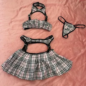 Plaid Y2K Harness Lingerie Set – Coquette Soft Grunge 3PC (Bralette + Open-Side Mini Skirt + Thong) Small thumbnail 2
