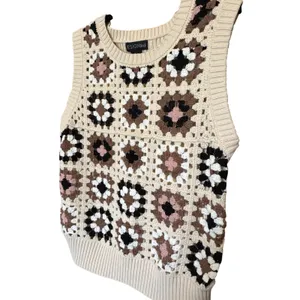 Crochet Granny Square Floral Sweater Vest M Neutral Cottagecore Grannycore Layer thumbnail 3