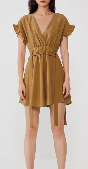 Zara Ruffle Tie Waist Mini‎ Dress in Brown Size Extra Small thumbnail 1