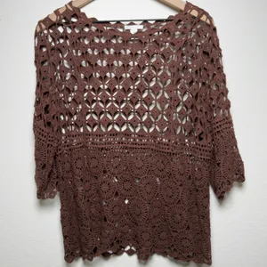 Women Chocolate Brown Crochet Knit Top Medium Boho Festival Indie Grunge‎ Goblin thumbnail 1