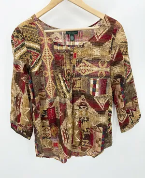 Lauren Ralph Lauren Women‎ Medium Brown Red Southwestern Cotton Blouse BH29 thumbnail 1