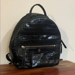 Tory Burch Croc Embossed Black Leather Mini Backpack Purse Gold Logo Casual Luxe thumbnail 1