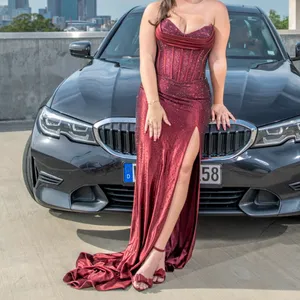 Sherri Hill Size 12 Burgundy Prom Dress – Satin Corset Mermaid Gown w/ Slit thumbnail 2