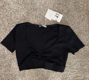 Zara Ribbed Short Sleeve Ruched Front Crop Top thumbnail 1