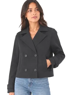 NEW Rebecca Minkoff XL Black Cropped Double Breasted Trench Coat Jacket thumbnail 1
