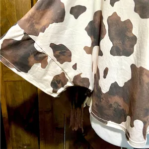 NWT Peach Love California Brown and White Crop Fringe Cow Print Tee thumbnail 8