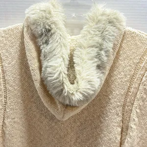Vtg Old Navy Cable Knit Sweater Zip Up Faux Fur Collar Cream Beige Y2K XL thumbnail 5