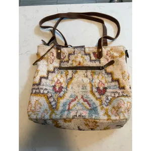 Myra Bag Southwestern Woven Rug Leather Tote Shoulder Bag Bohemian Concho Brown thumbnail 4
