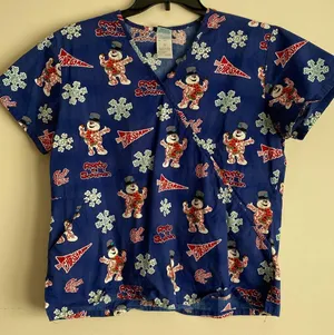 Frosty the Snowman Christmas Holiday Scrub Top Womens Medical Medium retro thumbnail 1