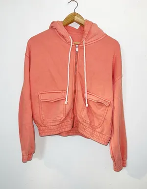 Aerie sun washed coral full zip up elastic waist hoodie with pockets thumbnail 1
