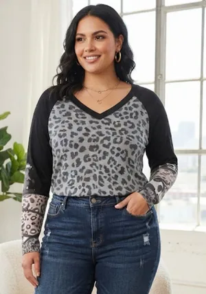 V-Neck Leopard Print Long Sleeve Top in Grey and Black thumbnail 1