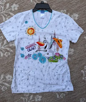 Disney White Short-Sleeve Scrub with Colorful Olaf Graphic thumbnail 1
