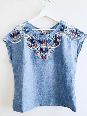 Boden Fleur Linen Embroidered Top in Chambray 12 thumbnail 3