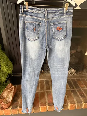 Women's Distressed Blue Denim Jeans with Orange Patch Details thumbnail 2
