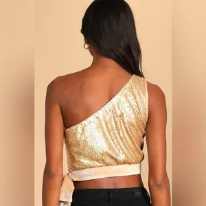 Lulus NWOT Spectacular Matte Gold Sequin One-Shoulder Side-Tie Crop Top Size M thumbnail 4