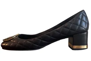 Tory Burch Claire Quilted Block Heel Pumps Black Gold Logo Leather Size 8 thumbnail 1