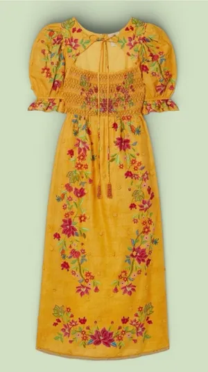 Farm Rio Boho Floral Dream Yellow Smocked Midi Dress - Sz Small thumbnail 1
