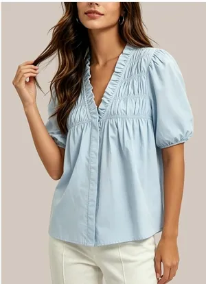 Amazon Women Puff Short Sleeve Blouse Ruffle V Neck Smocked Top Loose Fit Flowy Summer Shirt thumbnail 2