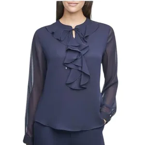 Tommy Hilfiger Blouse Medium Ruffle Top Long Sleeve Blue Preppy Office Work Wear thumbnail 7