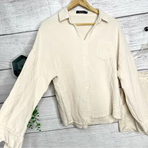 Neutral Cream Button-Up Shirt & Casual Drawstring Shorts Summer Set Size Small thumbnail 5