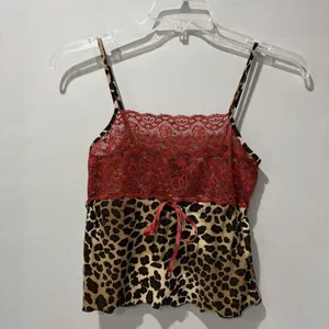 Bisou‎ Bisou Michele Bohbot Ruffle Cami Top Blouse Y2K Small Red Lace Animal thumbnail 2
