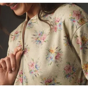 Anthropologie Maeve Lurex Floral Print Metallic Knit Bomber Jacket Size Small thumbnail 9
