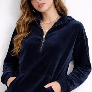 Abercrombie Fitch Velour Velvet Quarter Zip Cropped Hoodie Navy Blue Y2K Revival thumbnail 1
