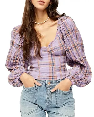 Free People Purple Plaid Puff Sleeve Babydoll Blouse Cropped Women's size Large thumbnail 1