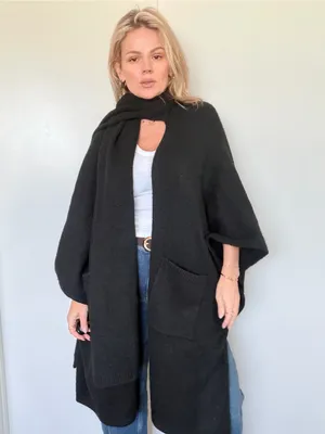 Free People Black Open-Front Knit Poncho with Pockets and Scarf ONE SIZE thumbnail 4