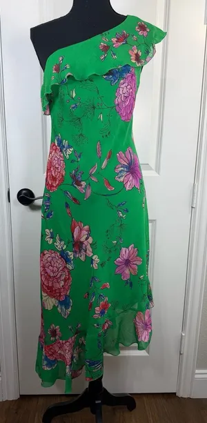 Roz & Ali Green Floral One-Shoulder Ruffle Asymmetrical Hem Dress Size 6 thumbnail 1
