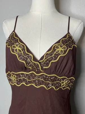 NEW Vintage Chocolate Brown 100% Silk Gold Embroidered Babydoll Top Deadstock thumbnail 3
