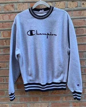 Champion Vintage 90's Reverse Weave Ringer Sweatshirt Crewneck Spellout Gray Medium M thumbnail 1