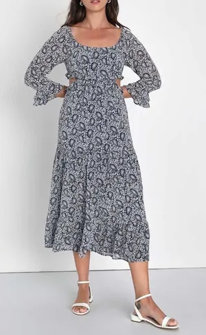 Lulus Blissful Sweetie Navy Blue Paisley Tiered Cutout Midi Dress Size XS thumbnail 1