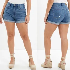 American Eagle High-Rise Blue Denim Roll-Cuff Women's Shorts SZ:6 thumbnail 2