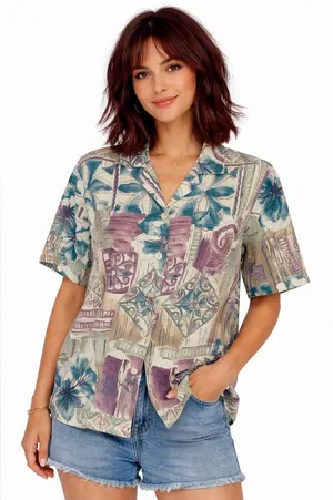 Vintage 80s Season Ticket Blouse Medium Boho Abstract Print Pocket Top thumbnail 1