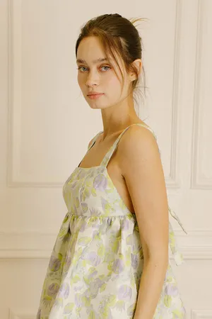 Storia Brocade Print Floral / Leaf Detail Ribbon Strap A-Line Babydoll Dress thumbnail 3
